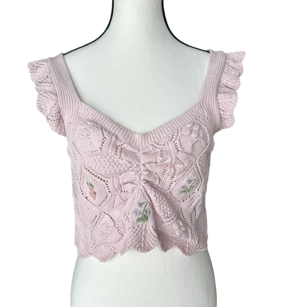 ZARA Pink‎ Embroidered Coquette Cottagecore Pointelle Knit Crop Top Ruffles - M - Picture 3 of 11